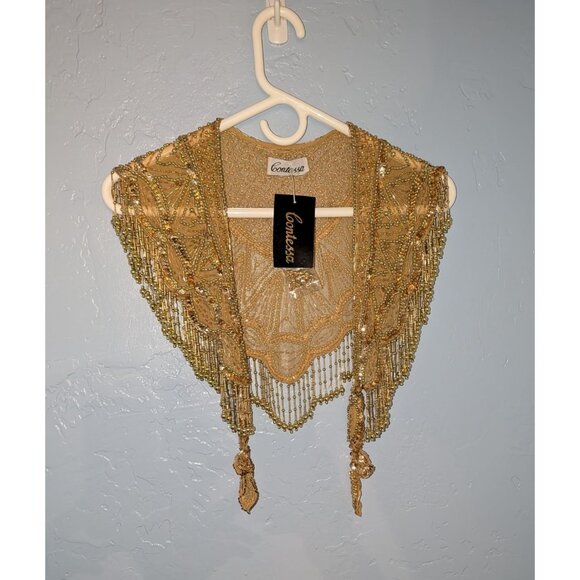 Gold Beaded Fringe Shawl Wrap New Years Christmas Party Festive - Picture 1 of 12